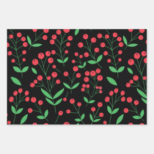 Christmas Red Holly Berries with Leaves on Black  Wrapping Paper Sheet