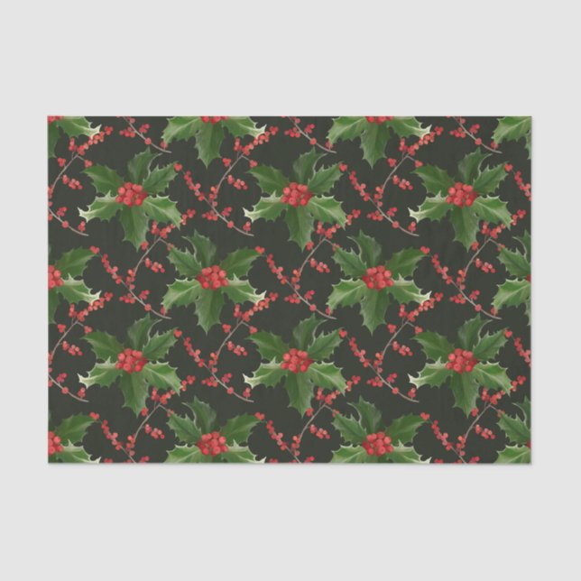 Christmas Red Holly Berry and Green Leaves  Tissue Paper (Front)