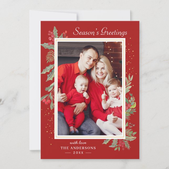 Christmas Red Holly Berry Floral Gold Frame Photo Holiday Card (Front)