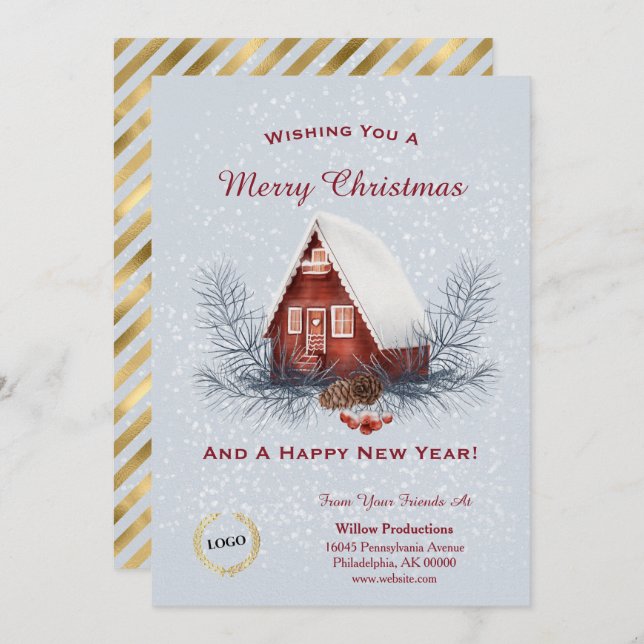 Christmas Red House Business Logo  Holiday Card (Front/Back)