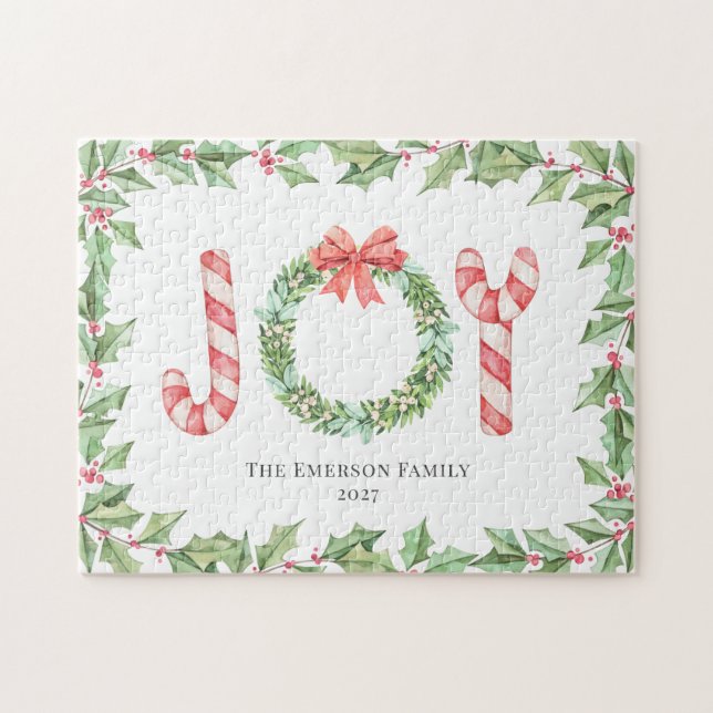 Christmas Red Joy Watercolor Wreath Greenery Jigsaw Puzzle (Horizontal)