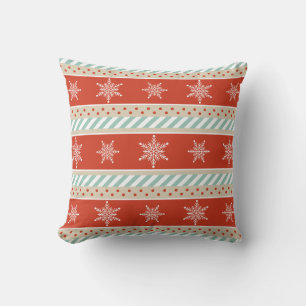 Christmas Red Mint Stripes Snowflakes Pattern Cushion