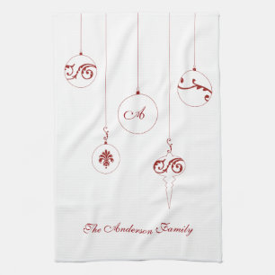 Christmas Red Monogram Bauble Family Name Tea Towel