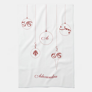 Christmas Red Monogram Bauble Ornaments Name Tea Towel