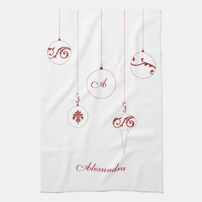 Christmas Red Monogram Bauble Ornaments Name Tea Towel (Vertical)
