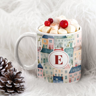 Christmas Red Monogram Colourful Houses Holiday Coffee Mug