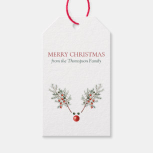 Christmas Red Nosed Reindeer Pine Berries  Gift Tags
