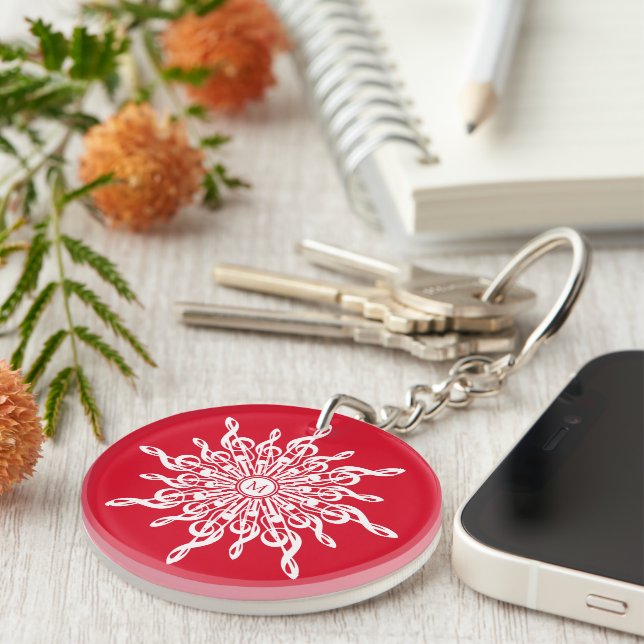 Christmas Red Ornamental Monogram G-Clef Snowflake Key Ring (Front Right)