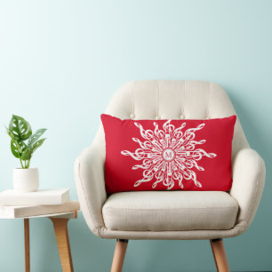 Christmas Red Ornamental Monogram G-Clef Snowflake Lumbar Cushion