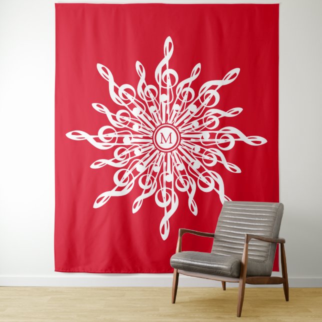Christmas Red Ornamental Monogram G-Clef Snowflake Tapestry (In Situ)