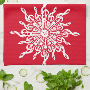 Christmas Red Ornamental Monogram G-Clef Snowflake Tea Towel