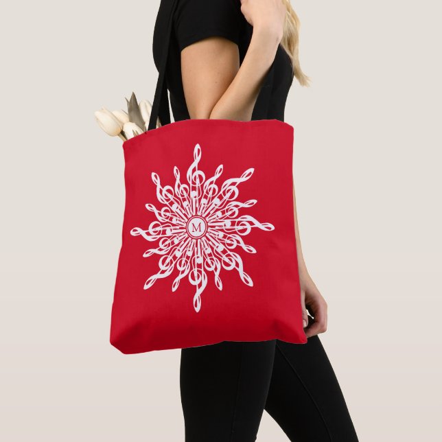 Christmas Red Ornamental Monogram G-Clef Snowflake Tote Bag (Close Up)