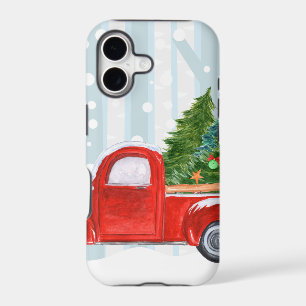 Christmas Red PickUp Truck on a Snowy Road