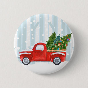 Christmas Red PickUp Truck on a Snowy Road 6 Cm Round Badge