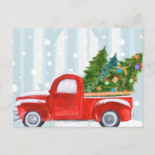 Christmas Red PickUp Truck on a Snowy Road Holiday Postcard