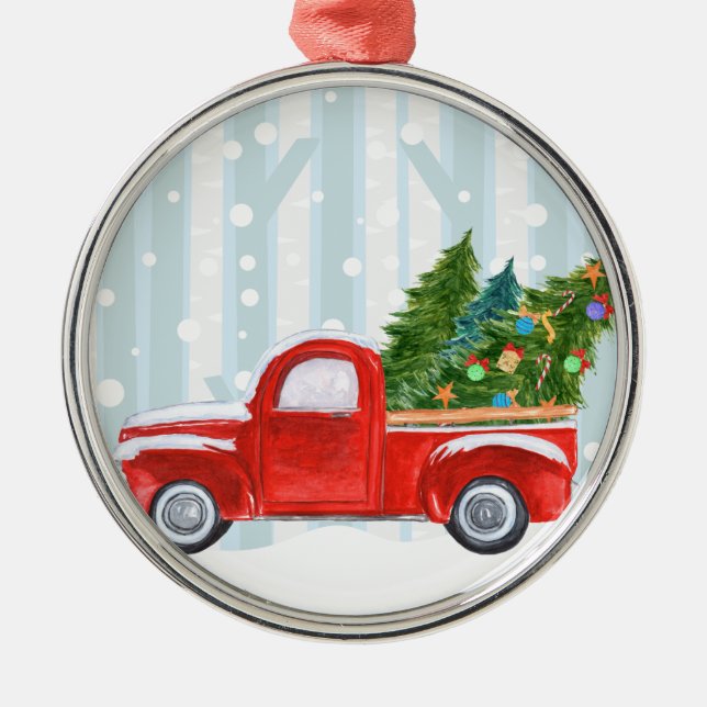 Christmas Red PickUp Truck on a Snowy Road Metal Tree Decoration (Front)