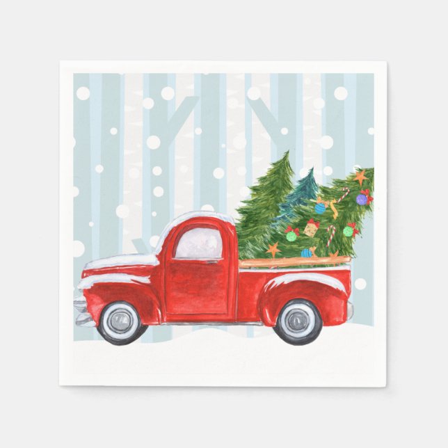 Christmas Red PickUp Truck on a Snowy Road Napkin (Front)