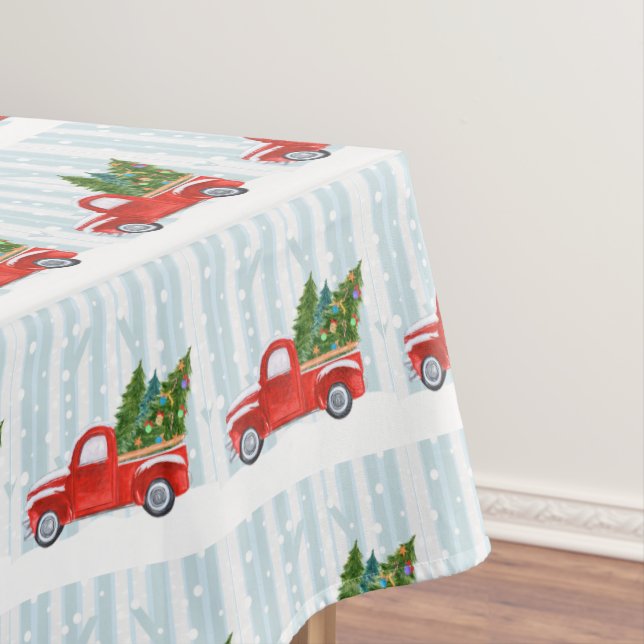 Christmas Red PickUp Truck on a Snowy Road Tablecloth (In Situ)