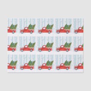 Christmas Red PickUp Truck on a Snowy Road Tissue Paper