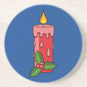 Christmas Red Pillar Candle with Holly Coaster