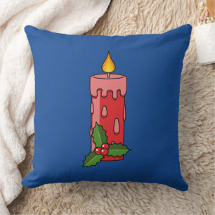 Christmas Red Pillar Candle with Holly Cushion