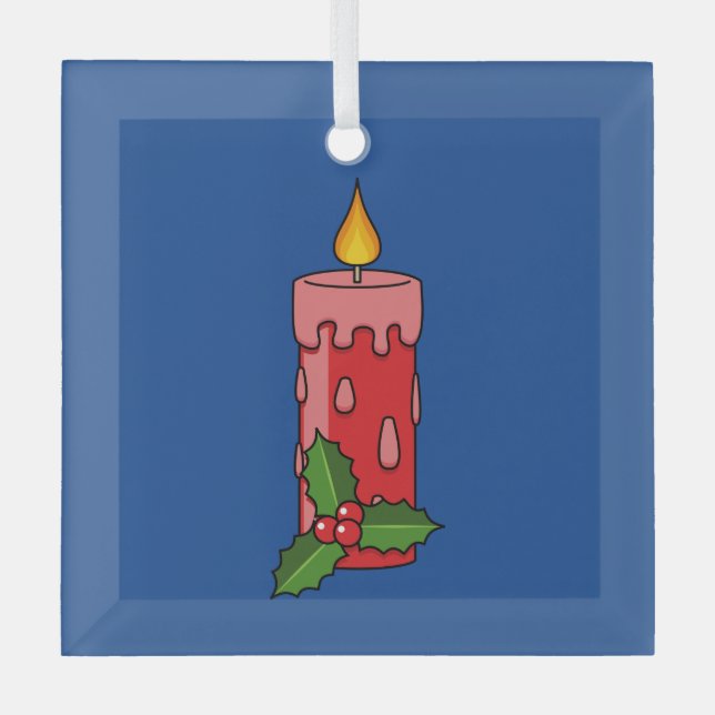Christmas Red Pillar Candle with Holly Glass Tree Decoration (Front)