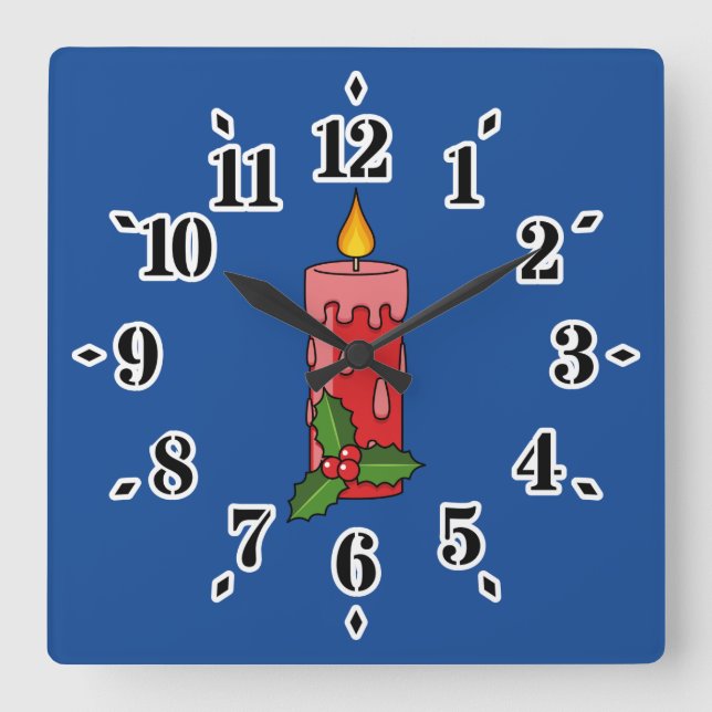 Christmas Red Pillar Candle with Holly Square Wall Clock (Front)
