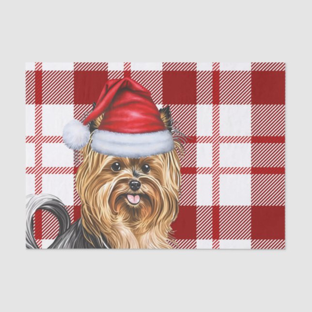 Christmas Red Plaid and Biewer Terrier Dog Tissue Paper (Front)