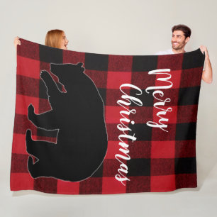 Christmas Red Plaid Black Bear Fleece Blanket