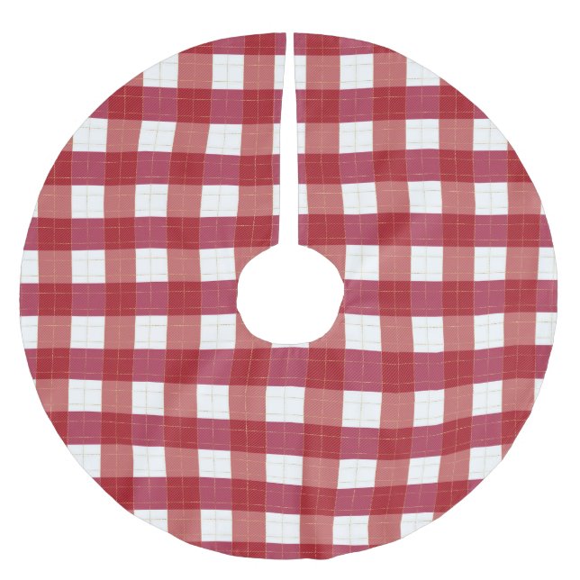 Christmas red plaid check grid gingham pattern brushed polyester tree skirt (Front)