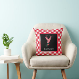 Christmas Red Plaid Deer Personalized Cushion