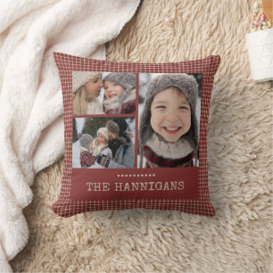 Christmas Red Plaid Family Photo Collage Cushion