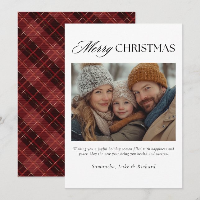 Christmas Red Plaid Family Photo Holiday Card (Front/Back)