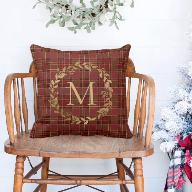 Christmas Red Plaid Gold Wreath Monogram Cushion (Creator Uploaded)