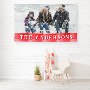 Christmas Red Plaid Holiday Diagonal Stripes Banner