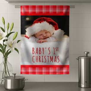 Christmas Red Plaid Holiday Diagonal Stripes Tea Towel