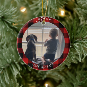 Christmas Red Plaid Personalised Child Pet Photo Ceramic Tree Decoration