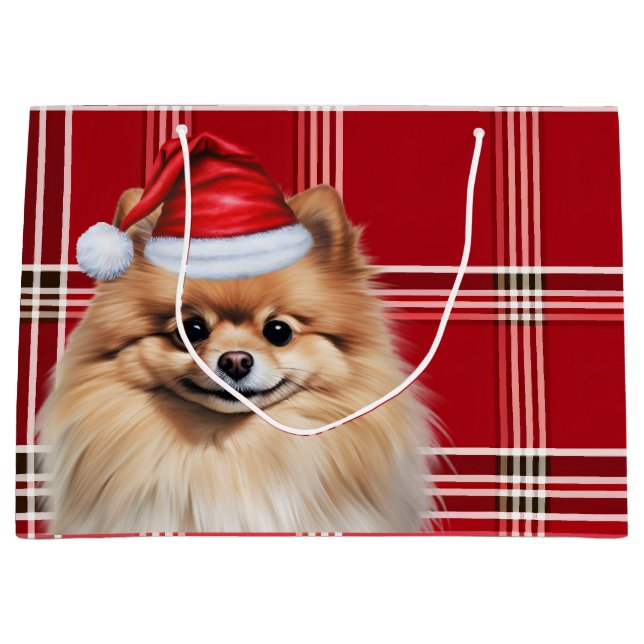 Christmas Red Plaid Pomeranian Dog Lover Large Gift Bag (Front)