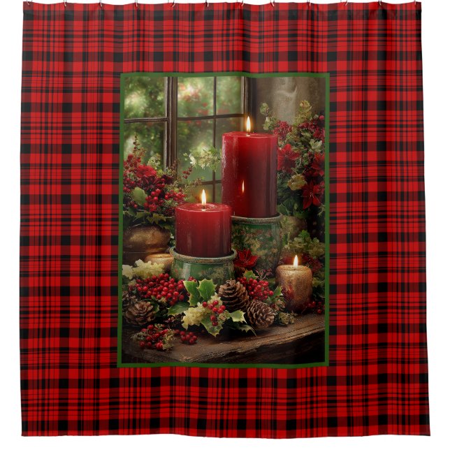 Christmas Red Plaid Red Candles Pine Cones Shower Curtain (Front)