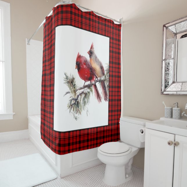 Christmas Red Plaid Watercolor Cardinals Shower Curtain (In Situ)