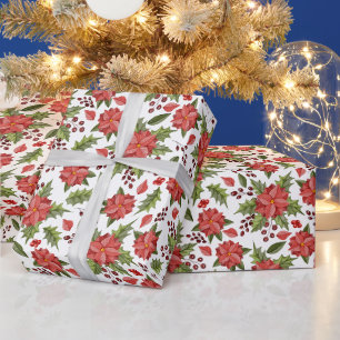 Christmas Red Poinsettia and Berries Wrapping Paper