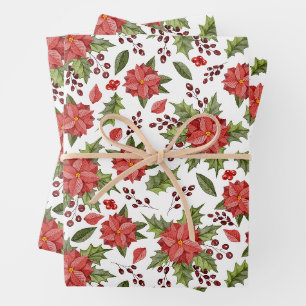 Christmas Red Poinsettia and Berries Wrapping Paper Sheet