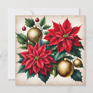 Christmas Red Poinsettia and Golden Ornaments Holiday Card