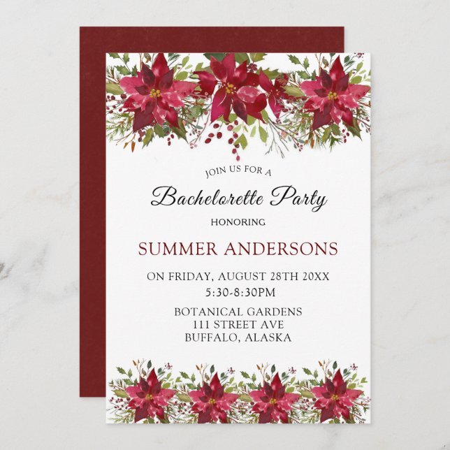 Christmas Red Poinsettia Bachelorette Party Invitation (Front/Back)