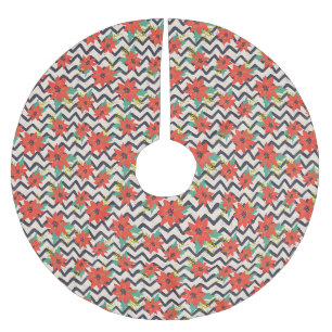 Christmas Red Poinsettia Black & White Chevron Brushed Polyester Tree Skirt