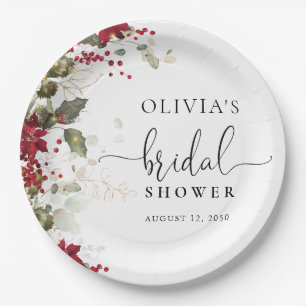 Christmas Red Poinsettia Bridal Shower Paper Plate