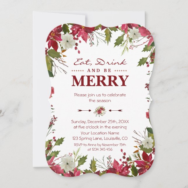 Christmas Red Poinsettia Eat Drink and be Merry Invitation (Front)