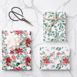 Christmas Red Poinsettia Eucalyptus Watercolor Wrapping Paper Sheet