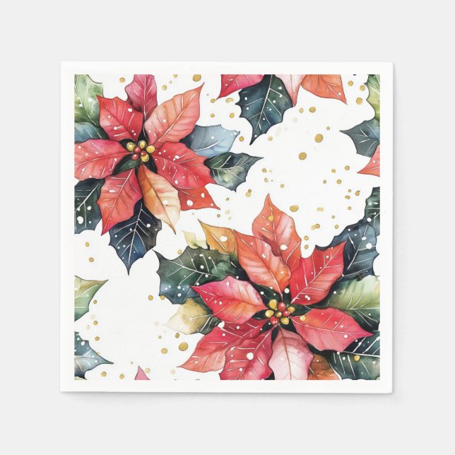 Christmas Red Poinsettia Festive Glitter Holiday Napkin (Front)