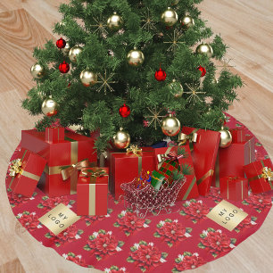 Christmas red poinsettia flower business logo brushed polyester tree skirt